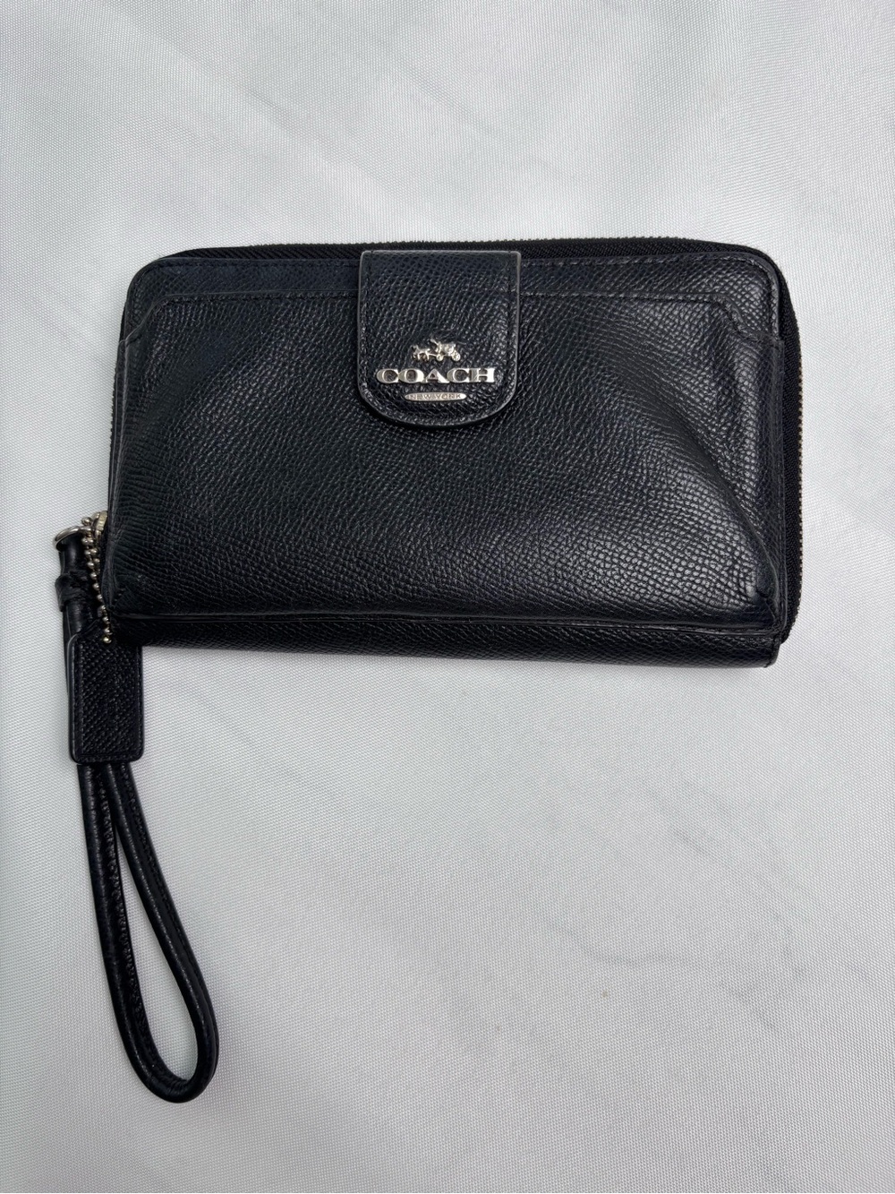 Coach Black Pebble Leather All In One Phone Wallet Wristlet Zip Around Case
